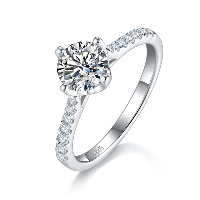 直臂微镶四爪Women's RingS925银镀白金定制选款主石Moissanite1.0ct/副石高碳钻