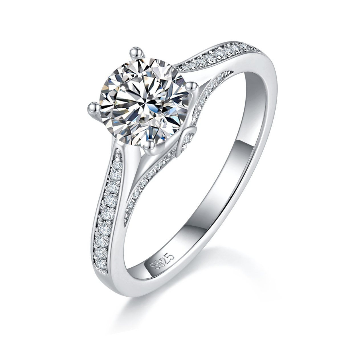 单头S925银镀白金女戒定制选款主石莫桑钻1.0ct/副石高碳钻