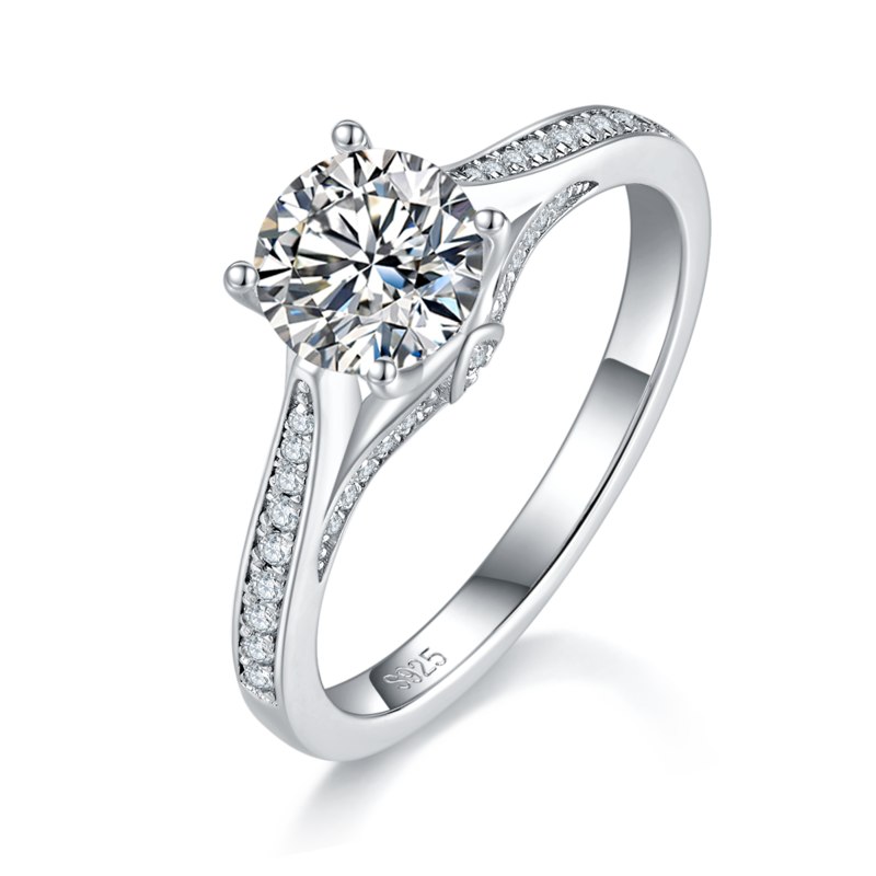 单头S925银镀白金女戒定制选款主石莫桑钻1.0ct/副石高碳钻