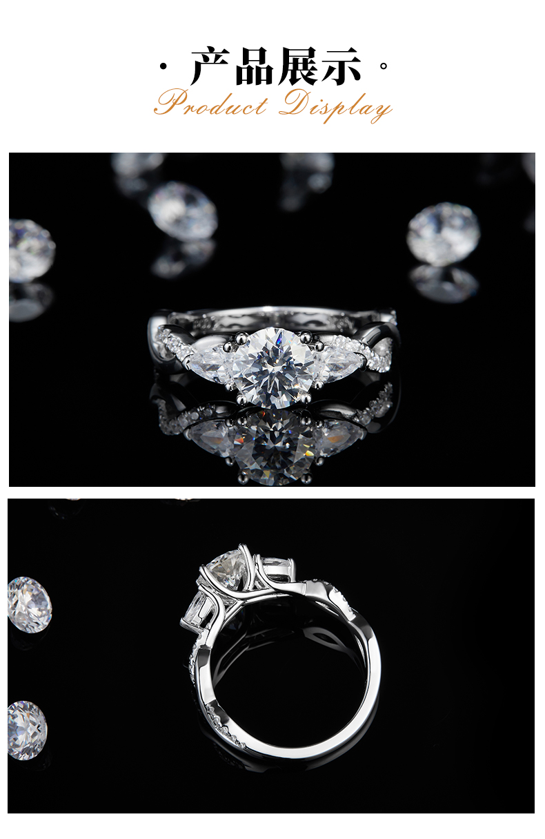 单头S925银镀白金女戒定制选款主石莫桑钻1.0ct/副石高碳钻 - 3