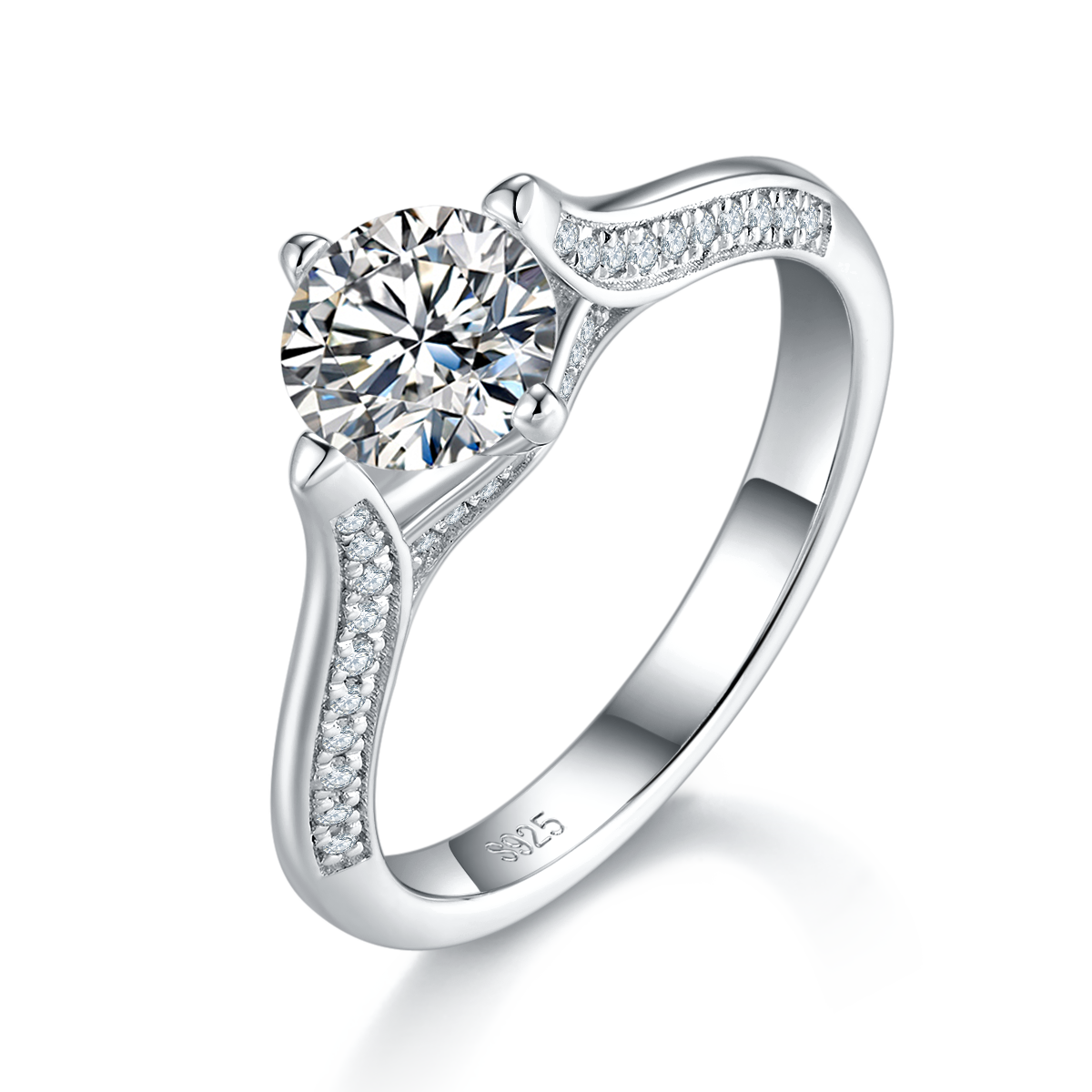单头S925银镀白金女戒定制选款主石莫桑钻1.0ct/副石高碳钻
