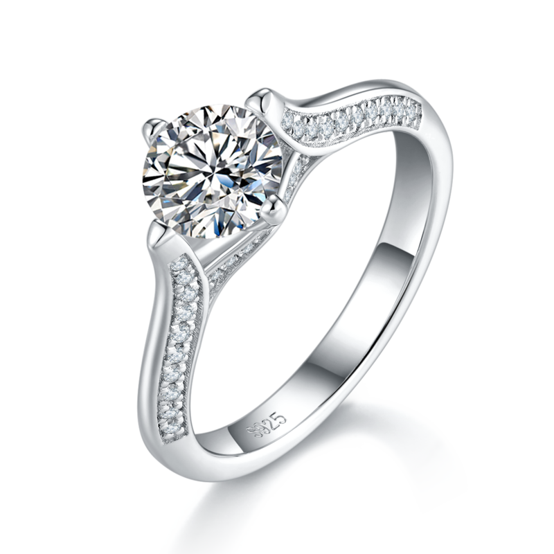单头S925银镀白金女戒定制选款主石莫桑钻1.0ct/副石高碳钻