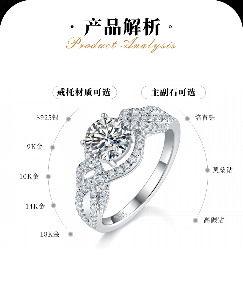 单头女戒S925银镀白金定制选款主石莫桑钻1.0ct/副石高碳钻 - 2