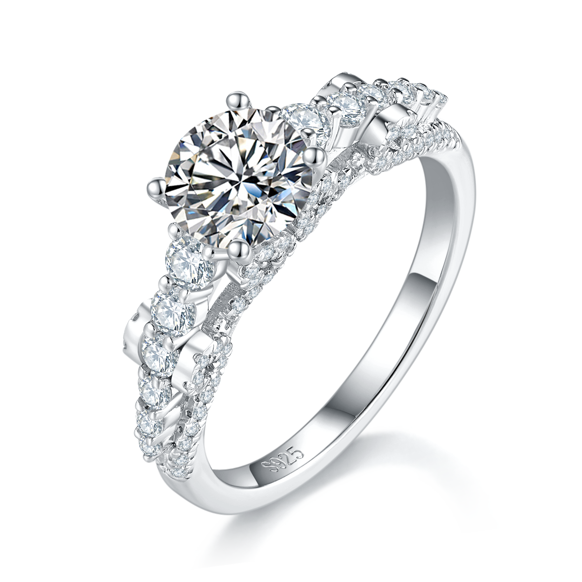 单头S925银镀白金女戒定制选款主石莫桑钻1.0ct/副石高碳钻