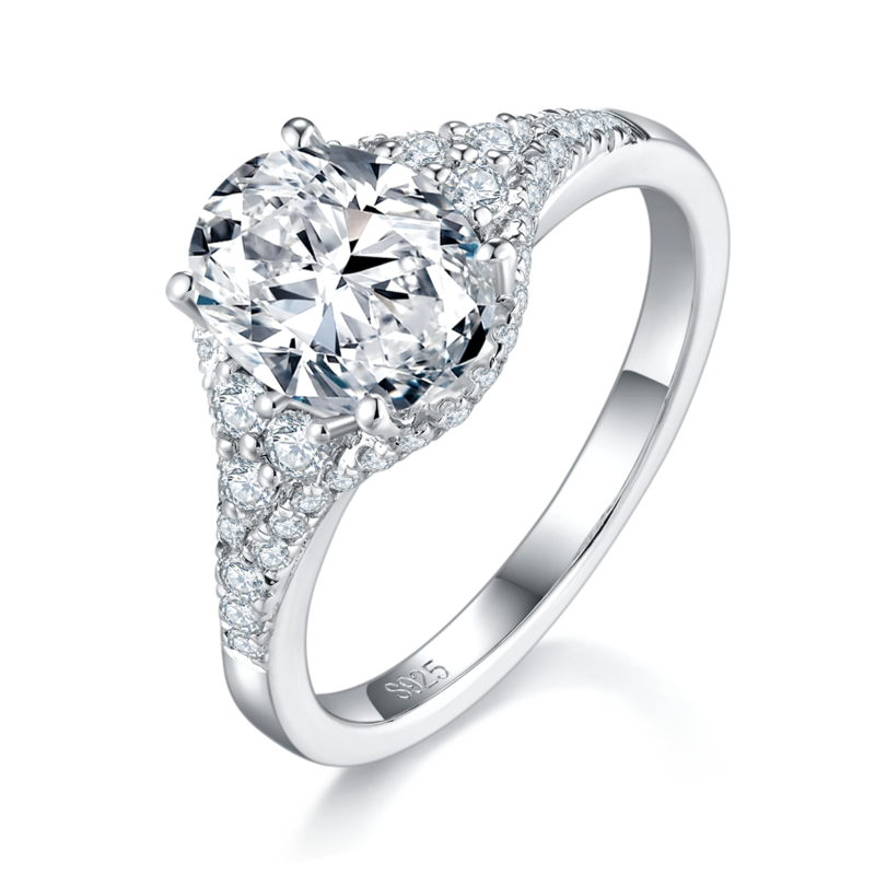 蛋形女戒S925银镀白金定制选款主石莫桑钻2.0ct/副石高碳钻