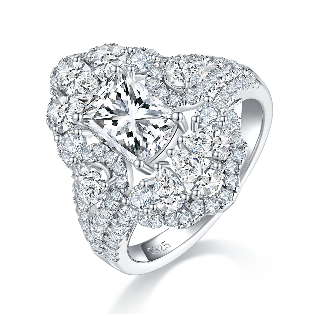 枕形女戒S925银镀白金女戒定制选款主石莫桑钻2.0ct/副石高碳钻