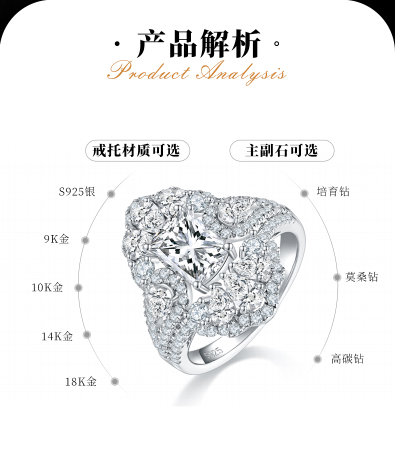 枕形女戒S925银镀白金女戒定制选款主石莫桑钻2.0ct/副石高碳钻 - 2