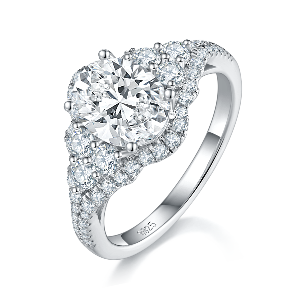 Light Luxury Egg shaped Women's Ring S925 Silver Plated Platinum Customized Selection Main Stone Moissanite Diamond 2.0ct/Secondary Stone High Carbon Diamond