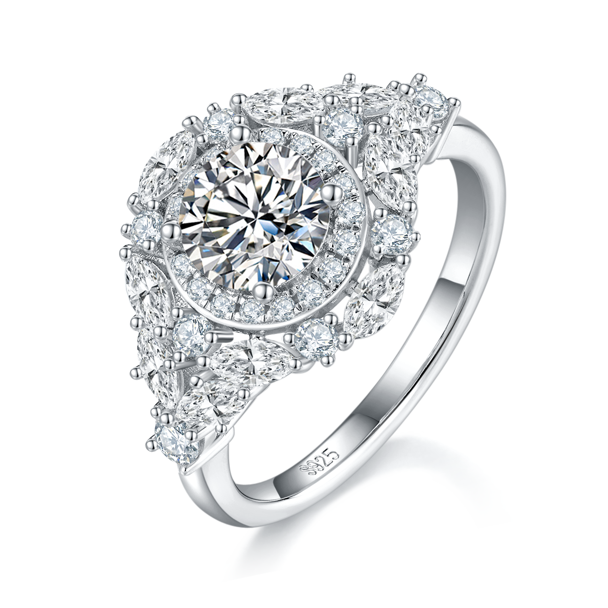 轻奢满钻圆包女戒S925银镀白金定制选款主石莫桑钻1.0ct/副石高碳钻