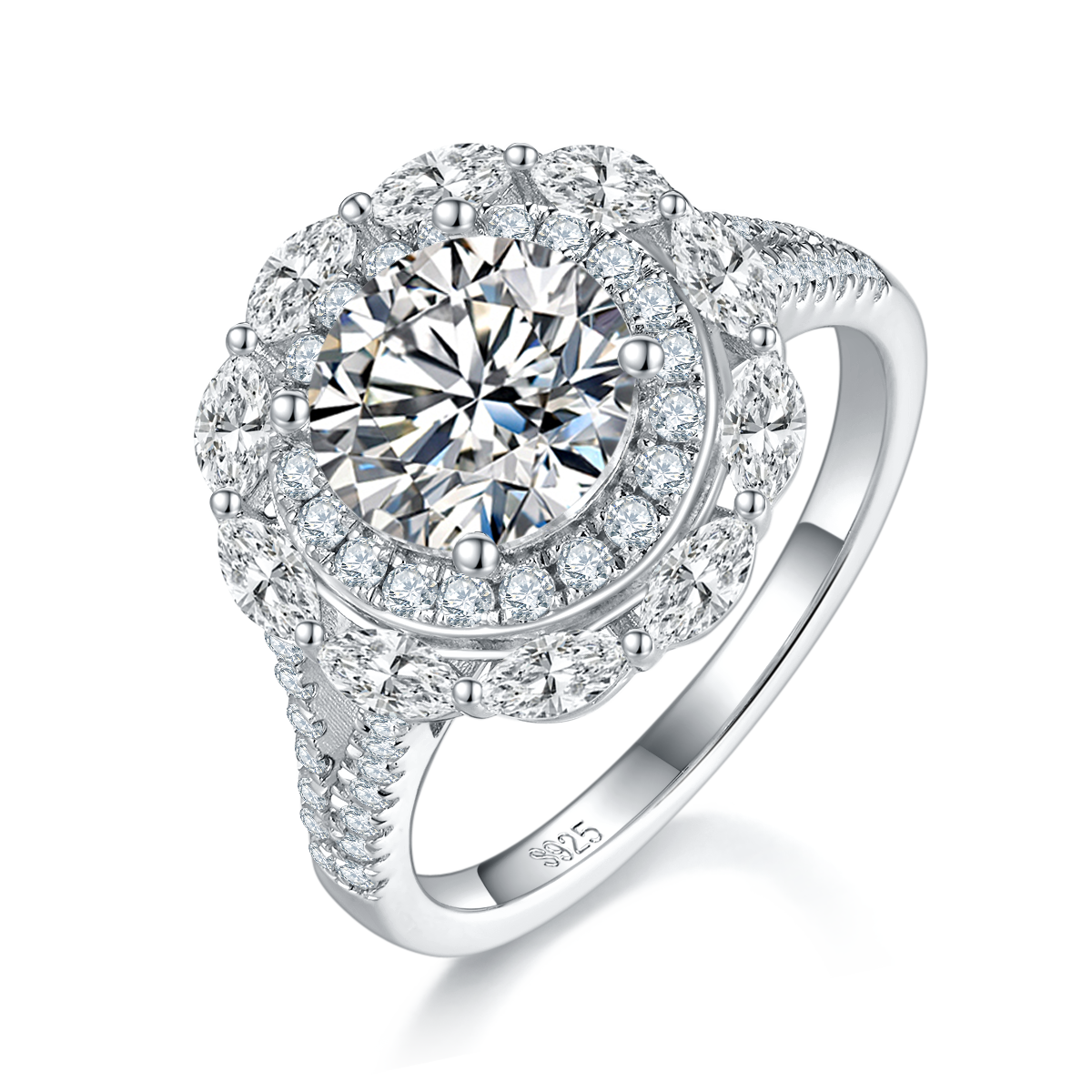 Luxury Round Bag Women's Ring S925 Silver Plated Platinum Customized Selection Main Stone Moissanite Diamond 2.0ct/Secondary Stone High Carbon Diamond