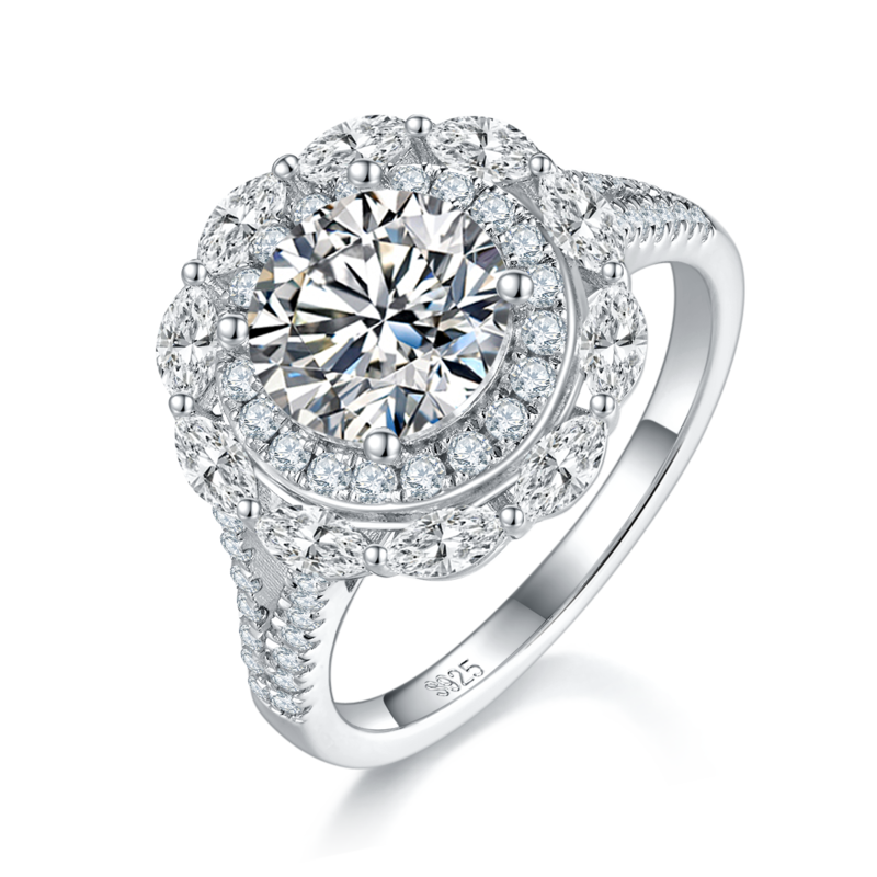 豪华圆包女戒S925银镀白金定制选款主石莫桑钻2.0ct/副石高碳钻