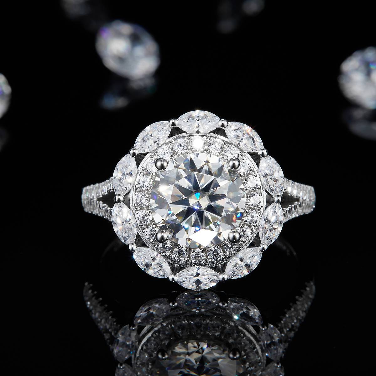 Luxury Round Bag Women's Ring S925 Silver Plated Platinum Customized Selection Main Stone Moissanite Diamond 2.0ct/Secondary Stone High Carbon Diamond