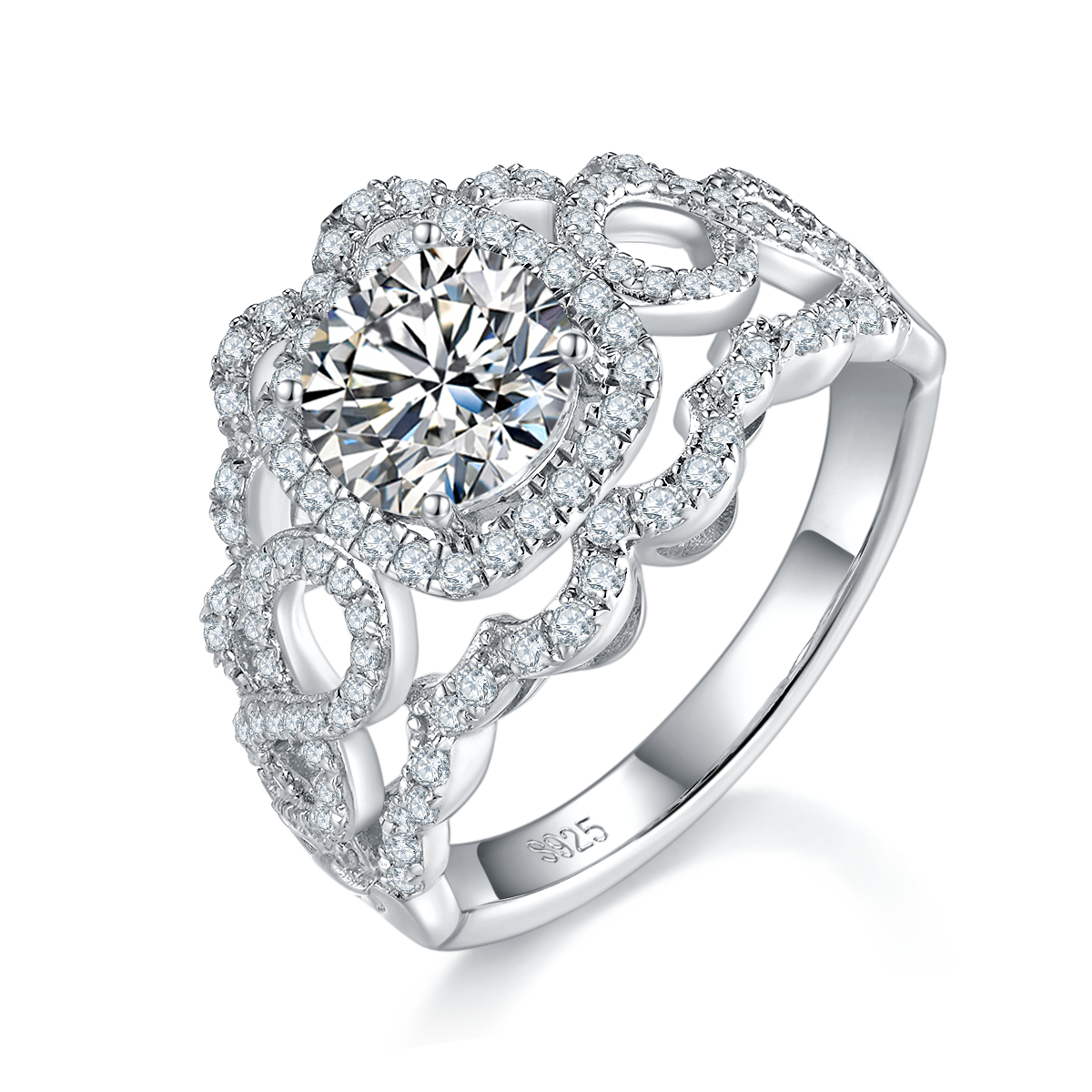 轻奢满钻女戒S925银镀白金定制选款主石莫桑钻1.2ct/副石高碳钻
