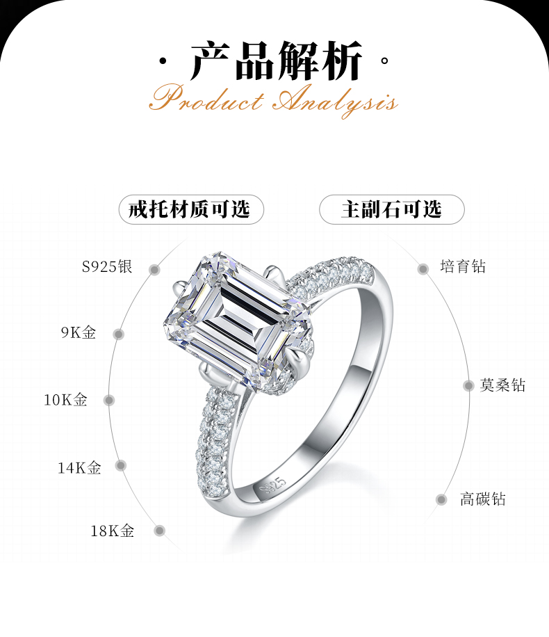 祖母绿切女戒S925银镀白金定制选款主石莫桑钻3.0ct/副石高碳钻 - 2