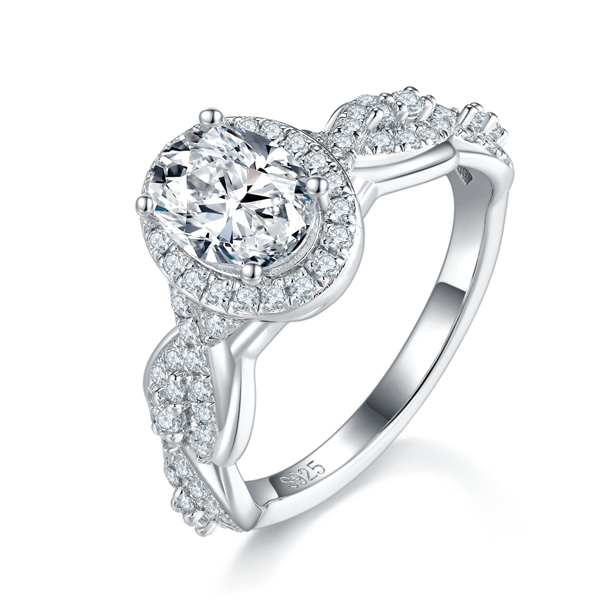 蛋形圆包女戒S925银镀白金定制选款主石莫桑钻1.5ct/副石高碳钻