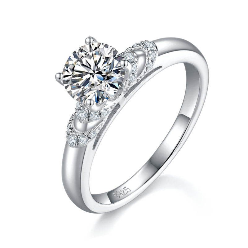单头Women's RingS925银镀白金定制选款主石Moissanite1.0ct/副石高碳钻