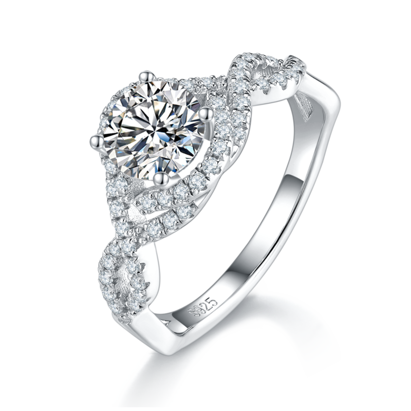 扭臂圆包女戒S925银镀白金定制选款主石莫桑钻1.0ct/副石高碳钻