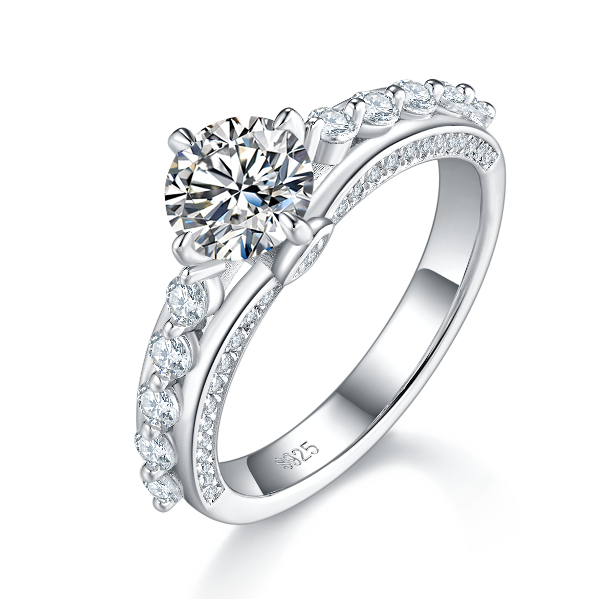 单头女戒S925银镀白金定制选款主石莫桑钻1.0ct/副石高碳钻