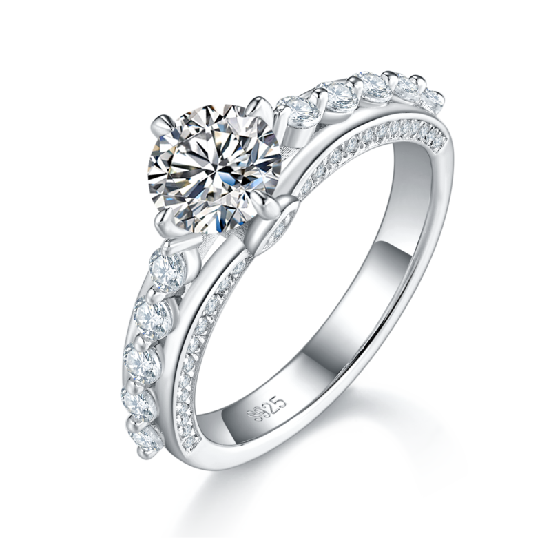 单头Women's RingS925银镀白金定制选款主石Moissanite1.0ct/副石高碳钻
