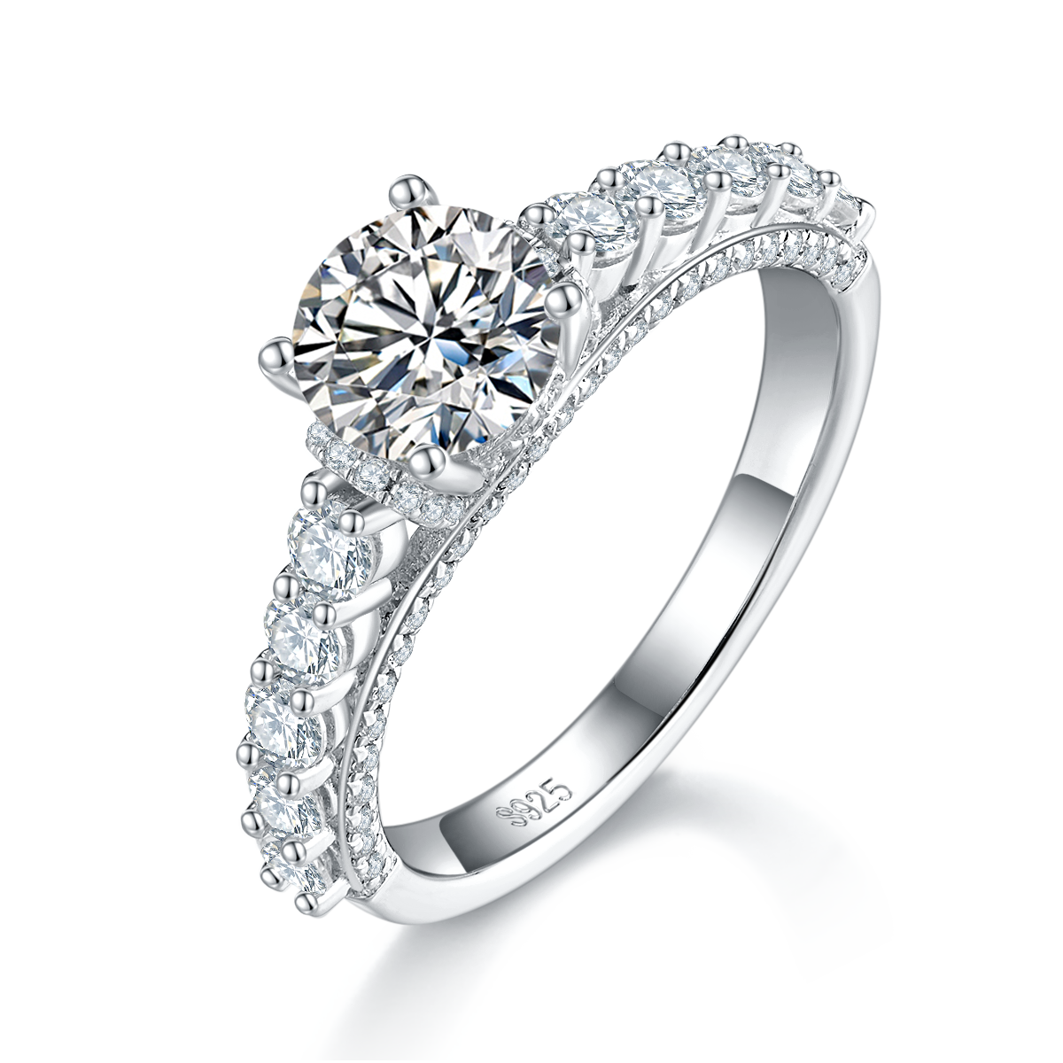 单头女戒S925银镀白金定制选款主石莫桑钻1.0ct/副石高碳钻