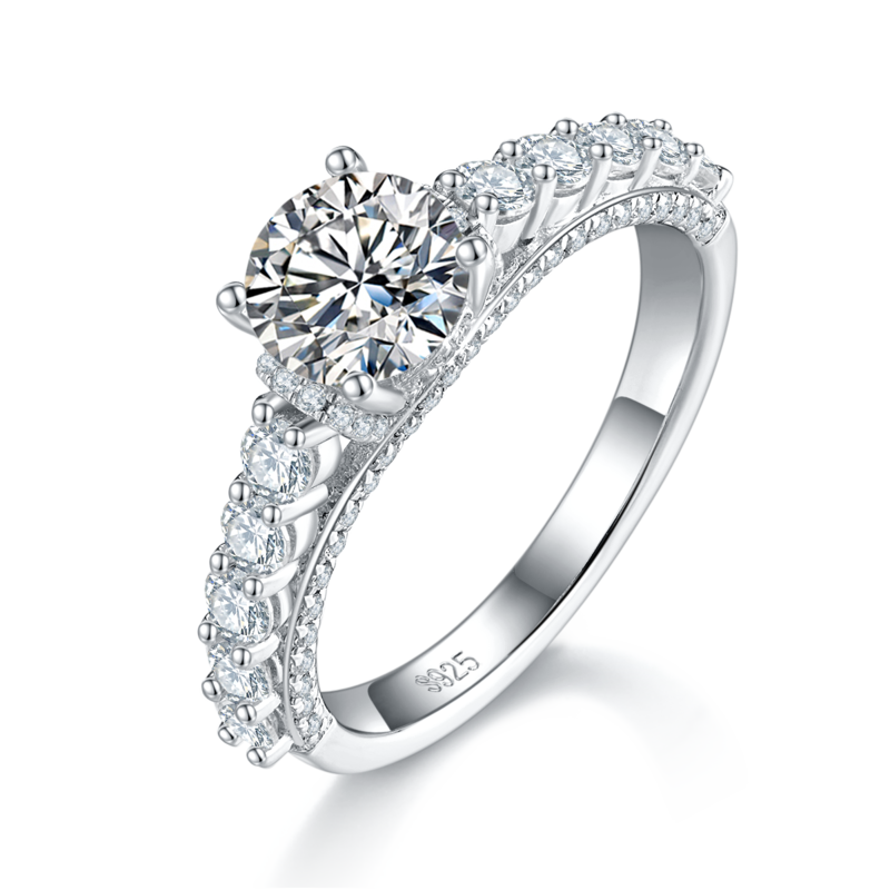 单头Women's RingS925银镀白金定制选款主石Moissanite1.0ct/副石高碳钻