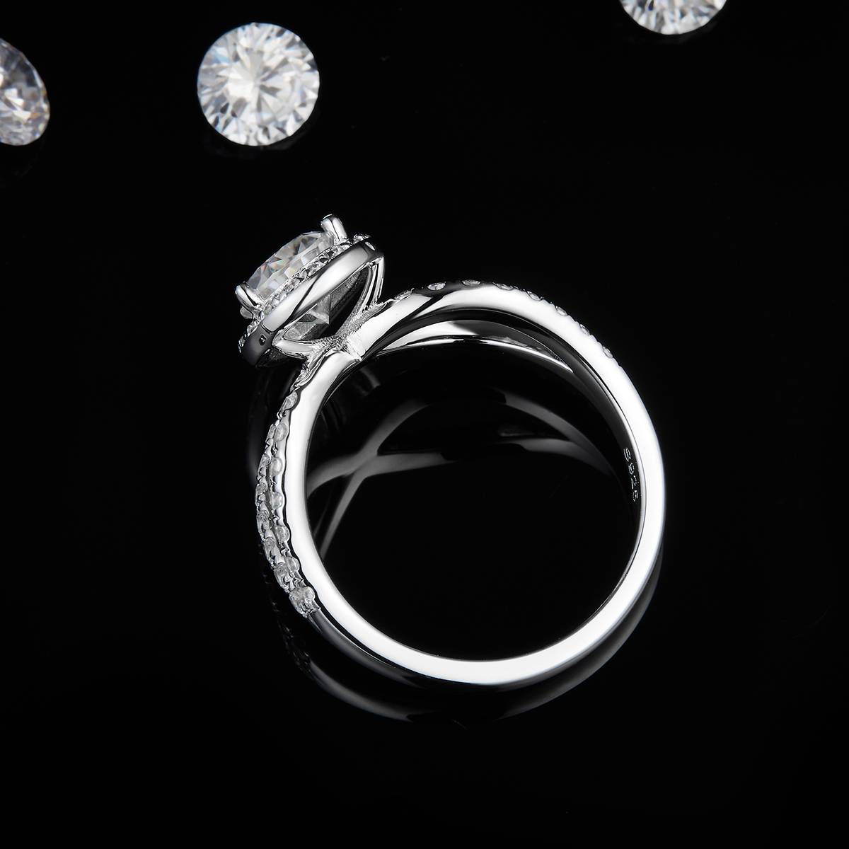 Shuidi Women's Ring S925 Silver Plated Platinum Customized Selection Main Stone Moissanite Diamond 1.5ct/Secondary Stone High Carbon Diamond