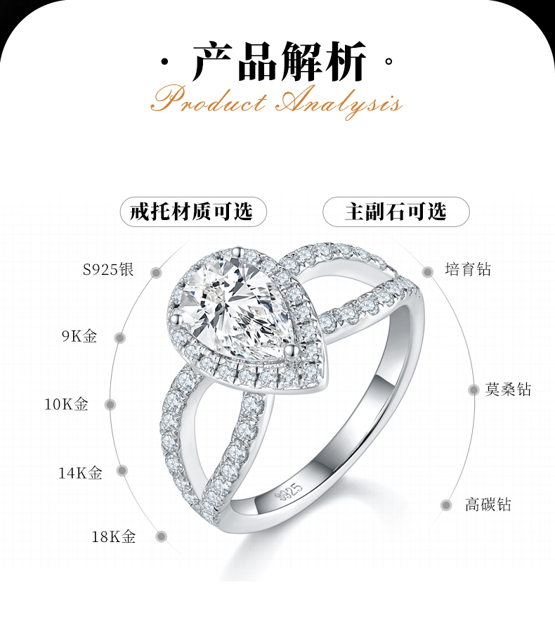 水滴女戒S925银镀白金定制选款主石莫桑钻1.5ct/副石高碳钻 - 2
