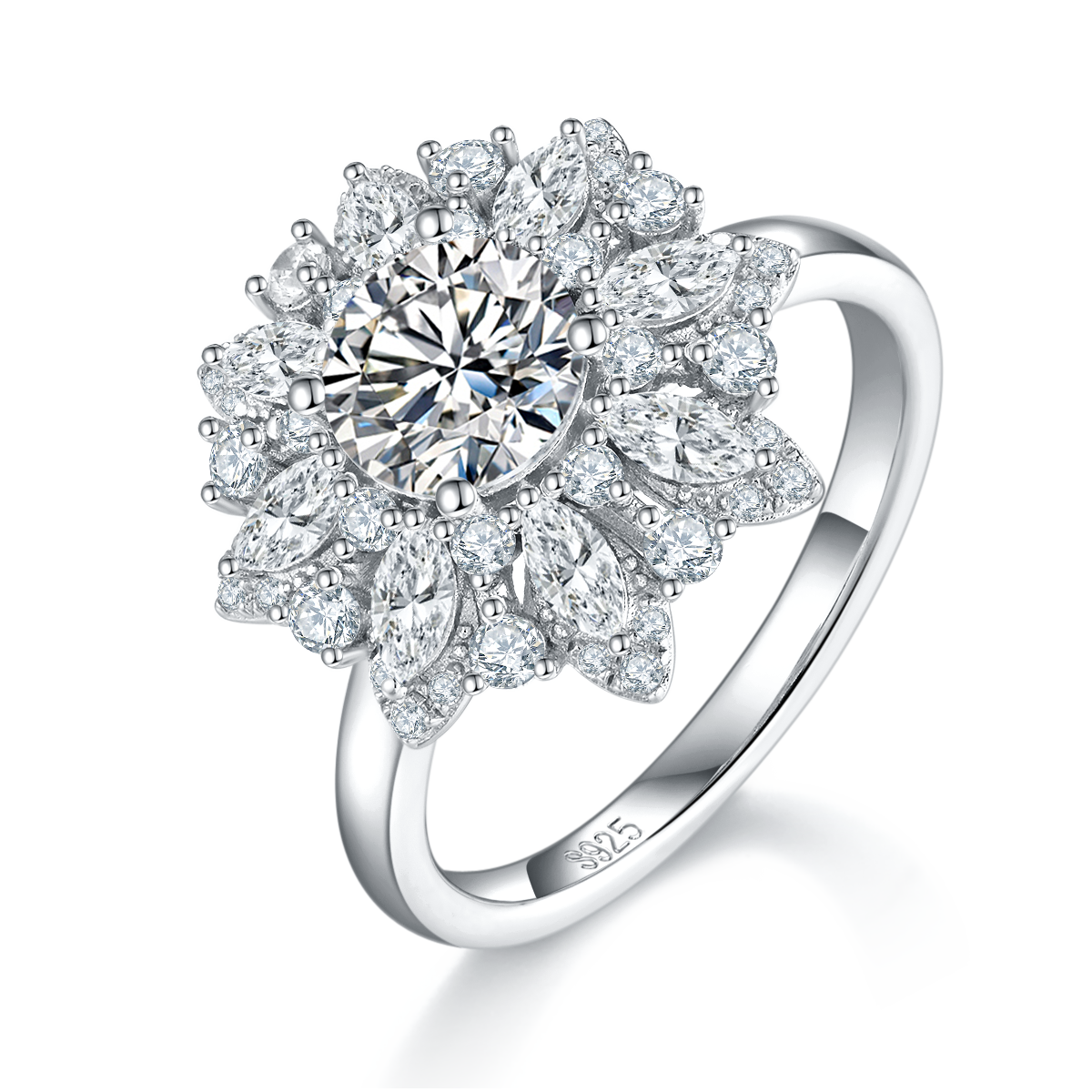 豪华太阳花女戒S925银镀白金定制选款主石莫桑钻1.0ct/副石高碳钻