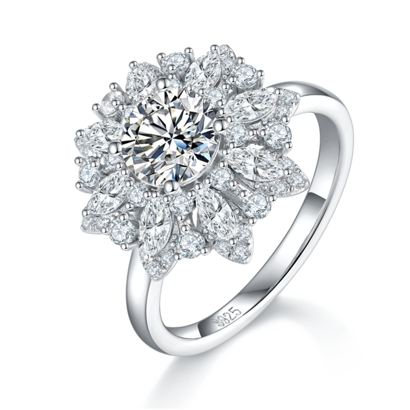 豪华太阳花女戒S925银镀白金定制选款主石莫桑钻1.0ct/副石高碳钻