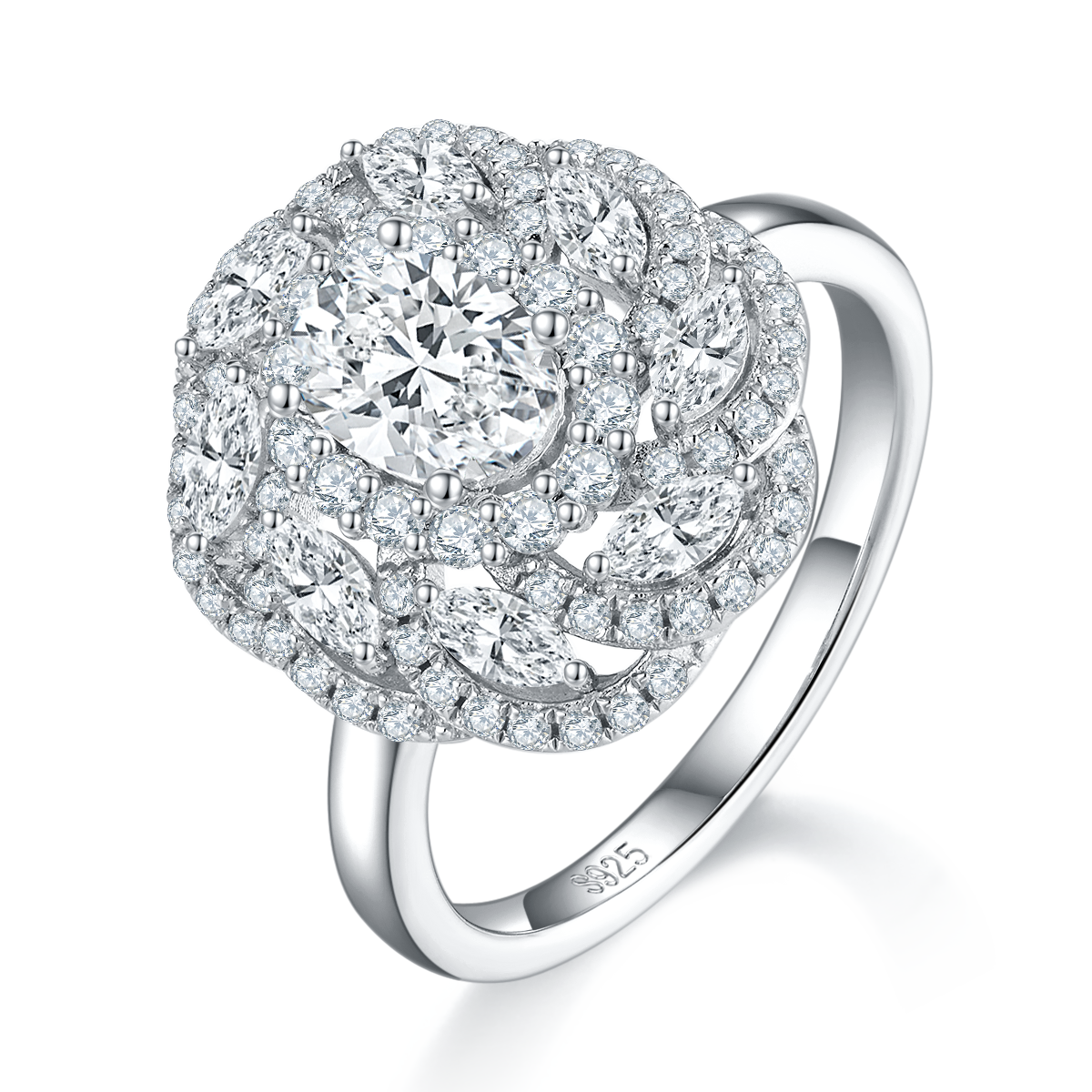 Egg shaped women's ring S925 silver plated platinum custom selection main stone moissanite 1.0ct/secondary stone high carbon diamond
