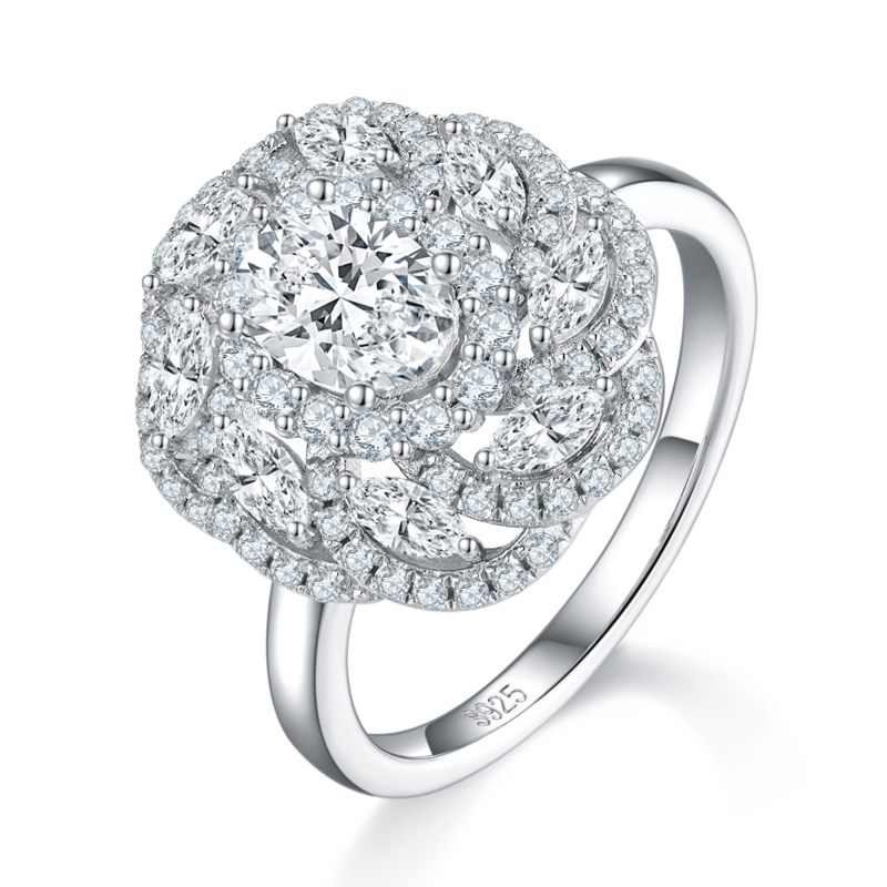 蛋形Women's RingS925银镀白金定制选款主石Moissanite1.0ct/副石高碳钻