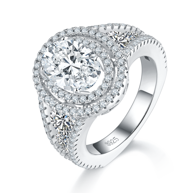 豪镶蛋形Women's RingS925银镀白金定制选款主石Moissanite2.5ct/副石高碳钻