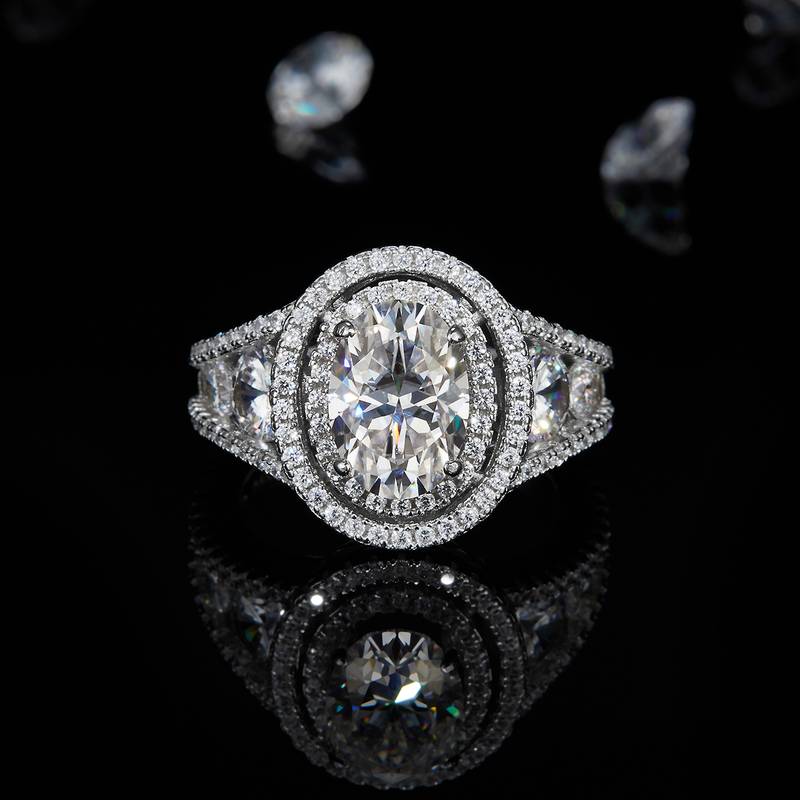 豪镶蛋形Women's RingS925银镀白金定制选款主石Moissanite2.5ct/副石高碳钻