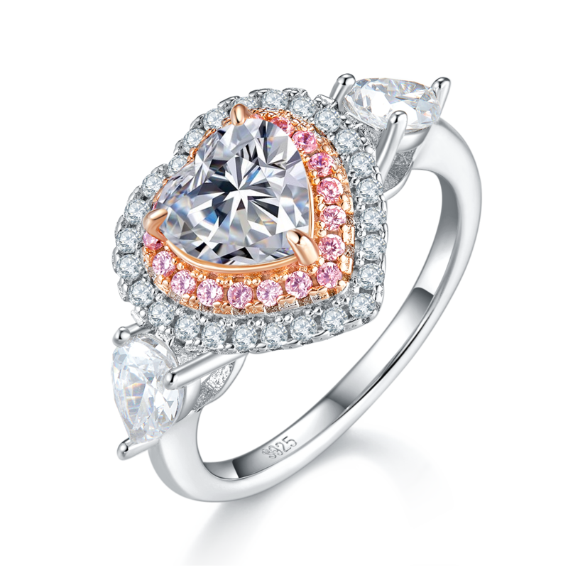 心形Women's RingS925银镀白金定制选款主石Moissanite1.2ct/副石高碳钻