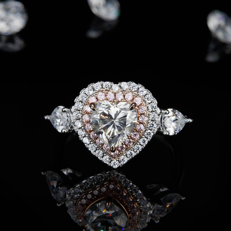 心形Women's RingS925银镀白金定制选款主石Moissanite1.2ct/副石高碳钻