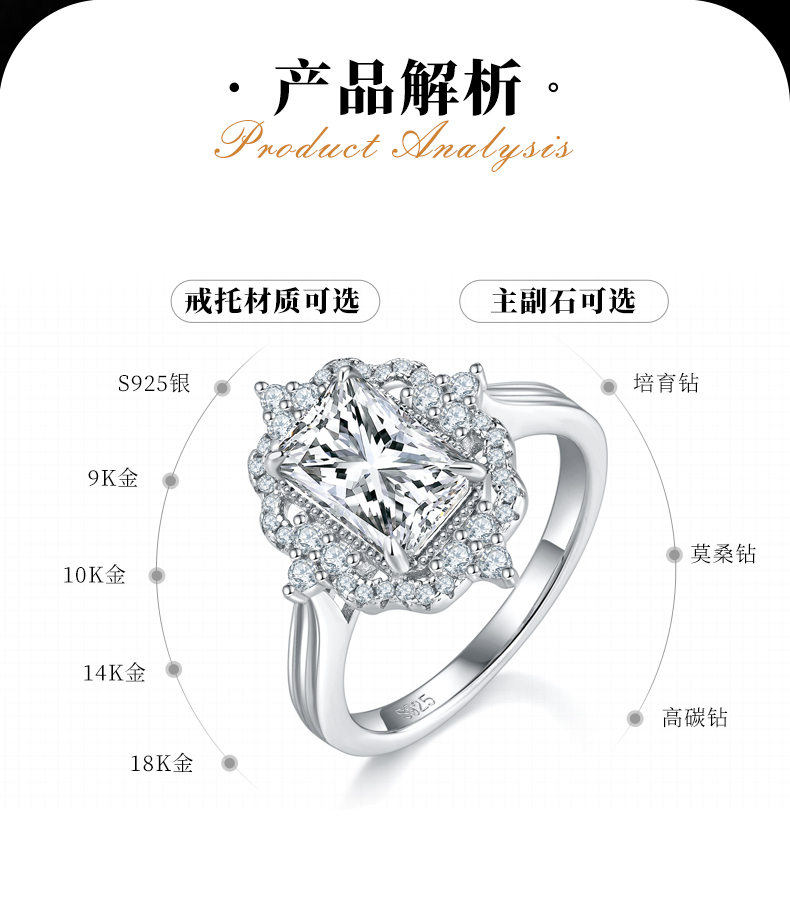 雷迪恩女戒S925银镀白金定制选款主石莫桑钻2.5ct/副石高碳钻 - 2