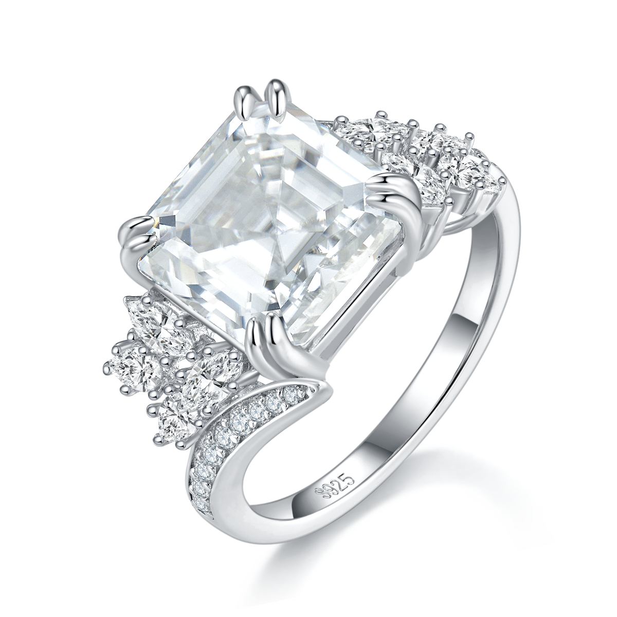 阿斯切割女戒S925银镀白金定制选款主石莫桑钻5.0ct/副石高碳钻