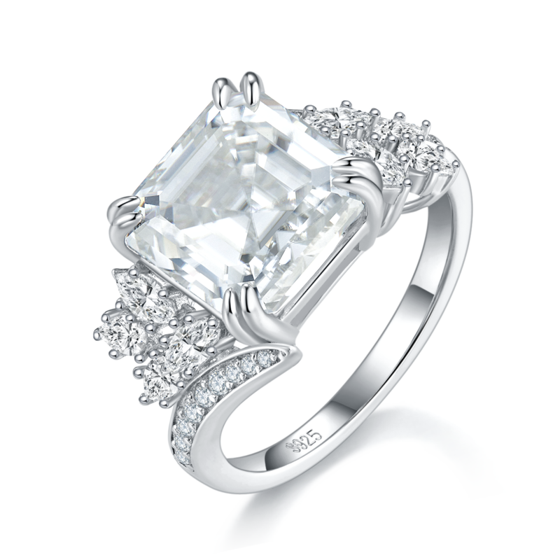 阿斯切割Women's RingS925银镀白金定制选款主石Moissanite5.0ct/副石高碳钻
