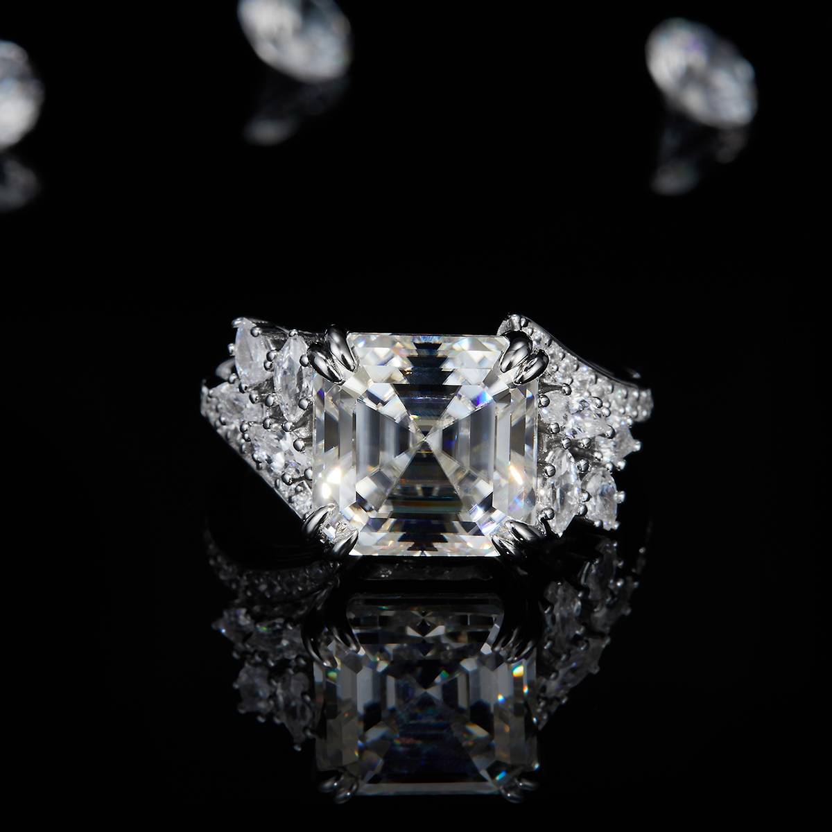 阿斯切割女戒S925银镀白金定制选款主石莫桑钻5.0ct/副石高碳钻