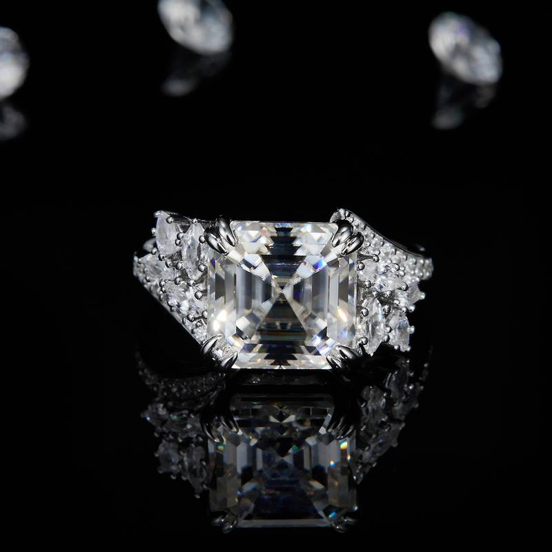 阿斯切割Women's RingS925银镀白金定制选款主石Moissanite5.0ct/副石高碳钻