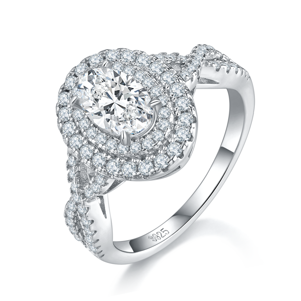 豪华蛋形女戒S925银镀白金定制选款主石莫桑钻1.0ct/副石高碳钻