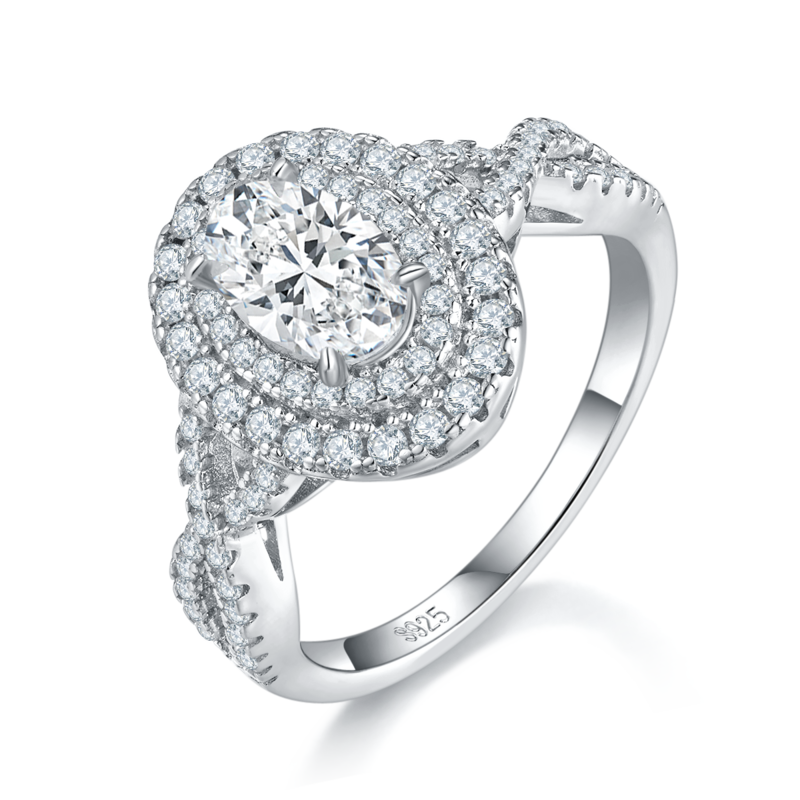 豪华蛋形Women's RingS925银镀白金定制选款主石Moissanite1.0ct/副石高碳钻