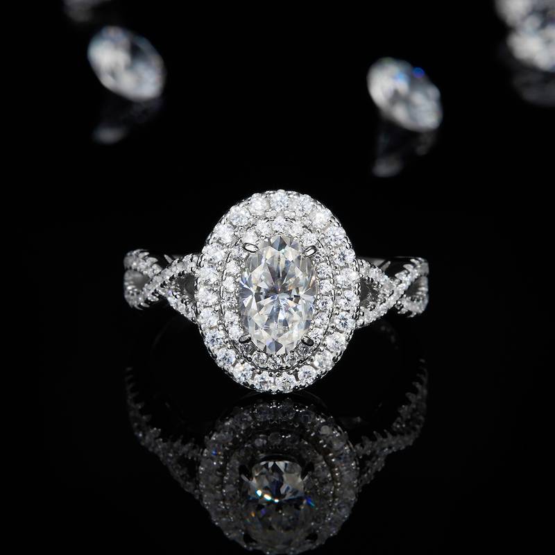 豪华蛋形Women's RingS925银镀白金定制选款主石Moissanite1.0ct/副石高碳钻