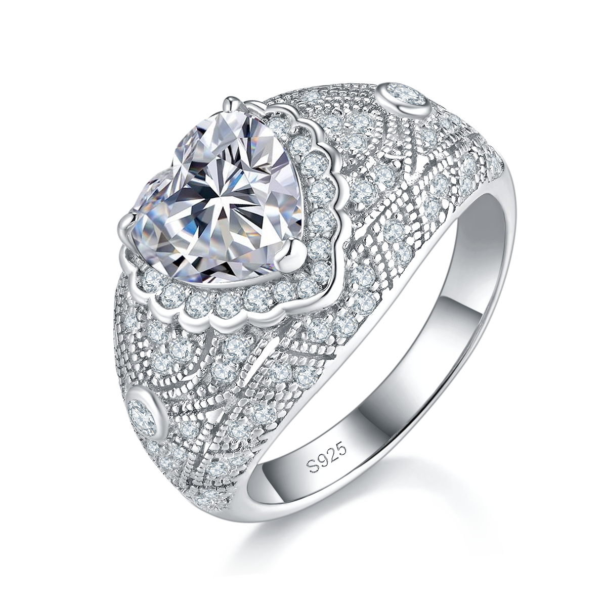 Luxury Heart Shaped Women's Ring S925 Silver Plated Platinum Customized Selection Main Stone Moissanite Diamond 2.0ct/Secondary Stone High Carbon Diamond