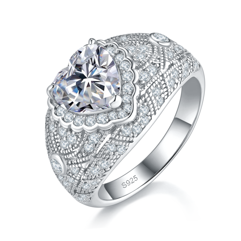 豪华围镶心形Women's RingS925银镀白金定制选款主石Moissanite2.0ct/副石高碳钻