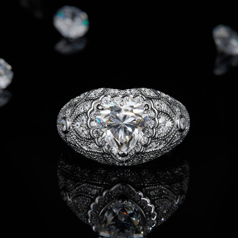 豪华围镶心形Women's RingS925银镀白金定制选款主石Moissanite2.0ct/副石高碳钻
