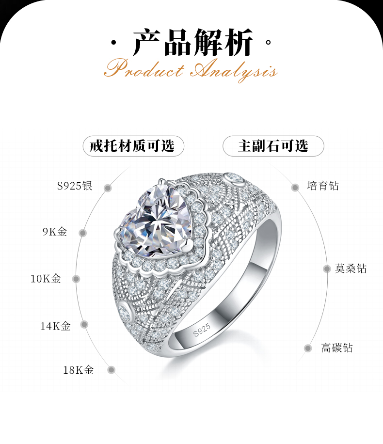 豪华围镶心形女戒S925银镀白金定制选款主石莫桑钻2.0ct/副石高碳钻 - 2