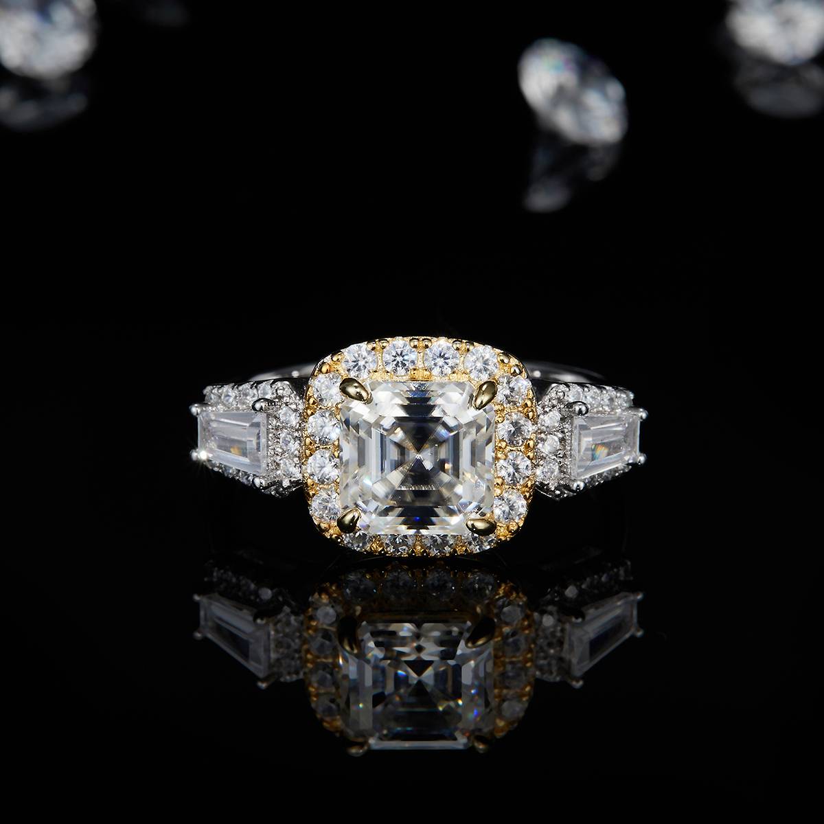 阿斯切割女戒S925银镀白金定制选款主石莫桑钻2.0ct/副石高碳钻