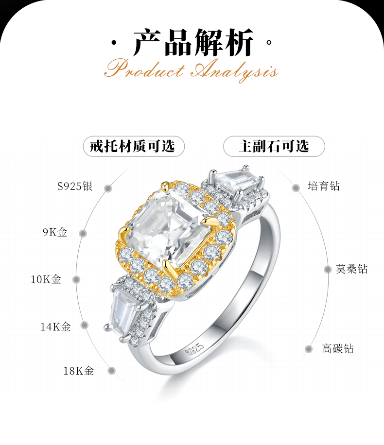 阿斯切割女戒S925银镀白金定制选款主石莫桑钻2.0ct/副石高碳钻 - 2
