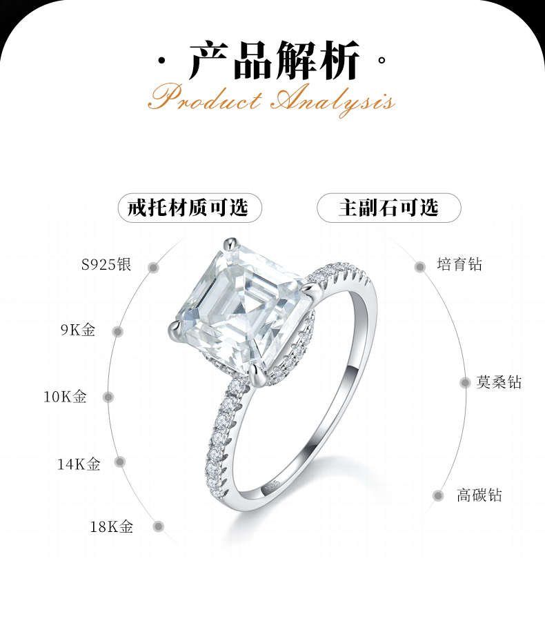阿斯切女戒S925银镀白金定制选款主石莫桑钻3.5ct/副石高碳钻 - 2